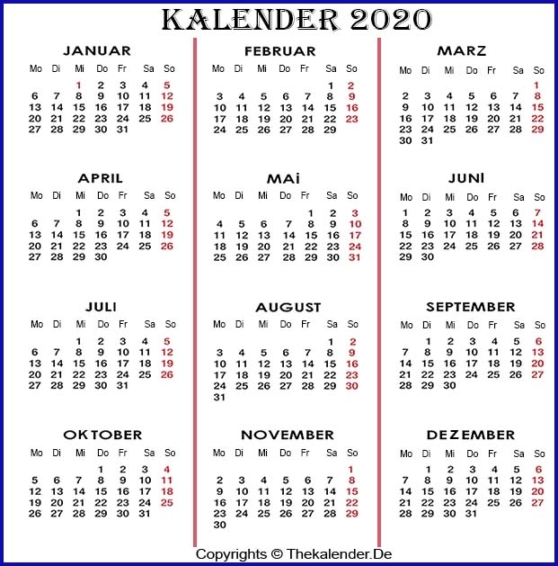 Kalender 2020 Zum Ausdrucken Als Pdf, Word, Excel