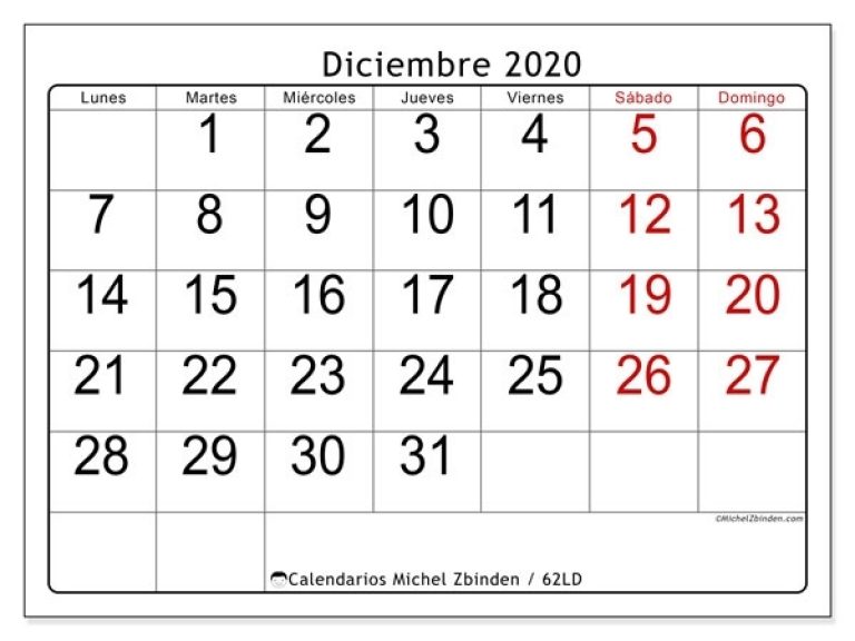 Calendario Diciembre 2020 (62Ld) - Michel Zbinden Es