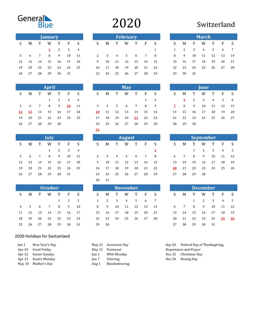 Calendar 2021 Switzerland Holidays
