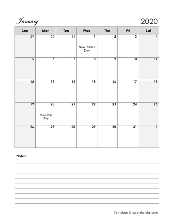 2020 Calendar Template Large Boxes - Free Printable Templates
