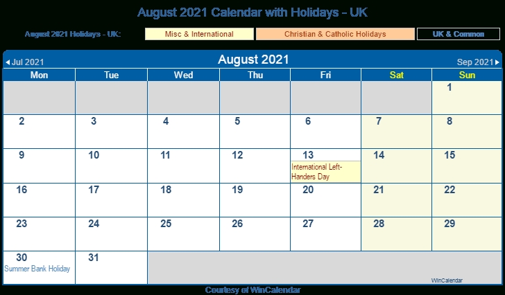 August 2021 Calendar With Holidays - United Kingdom