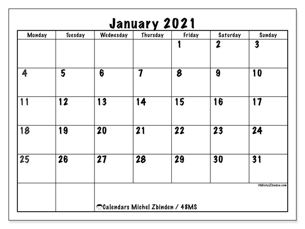 January 2021 A4 Calendar