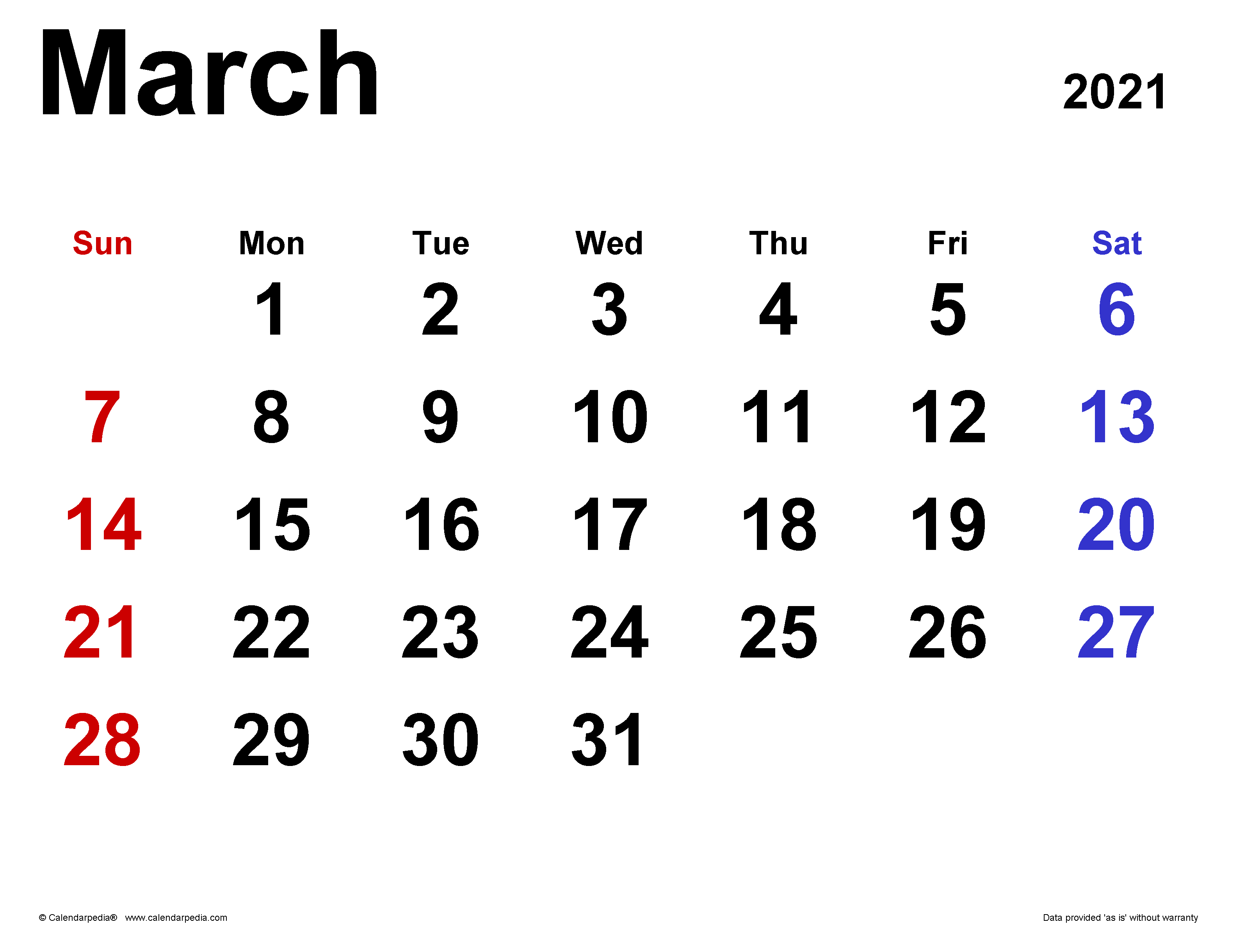 Mar 2021 Free Calendar Template