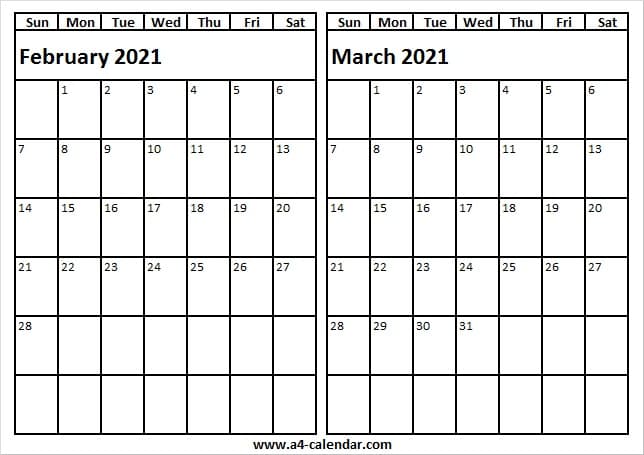 Feb Mar 2021 Free Calendar Template