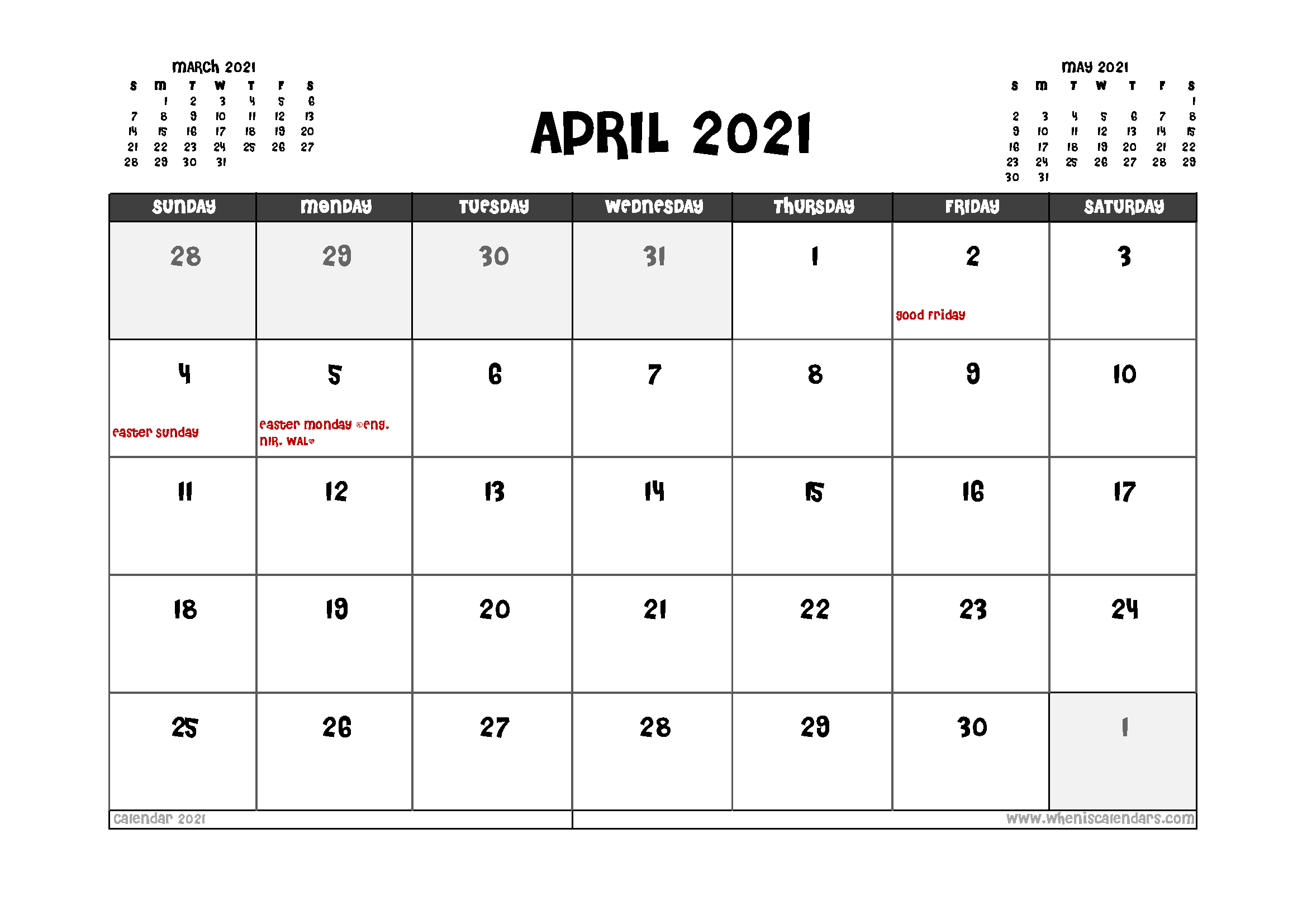 Apr 2021 Calendar Printable Template