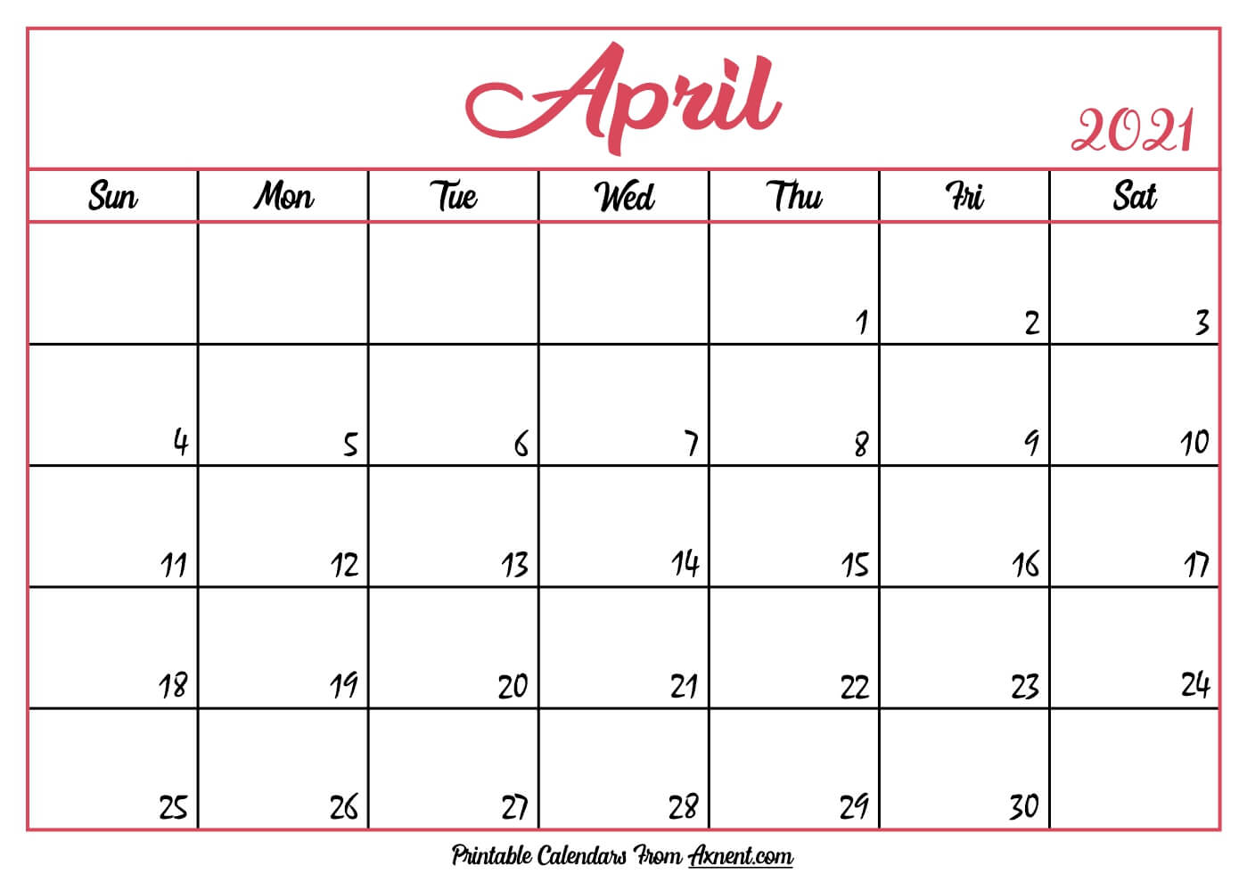 April Printable Calendar 2021