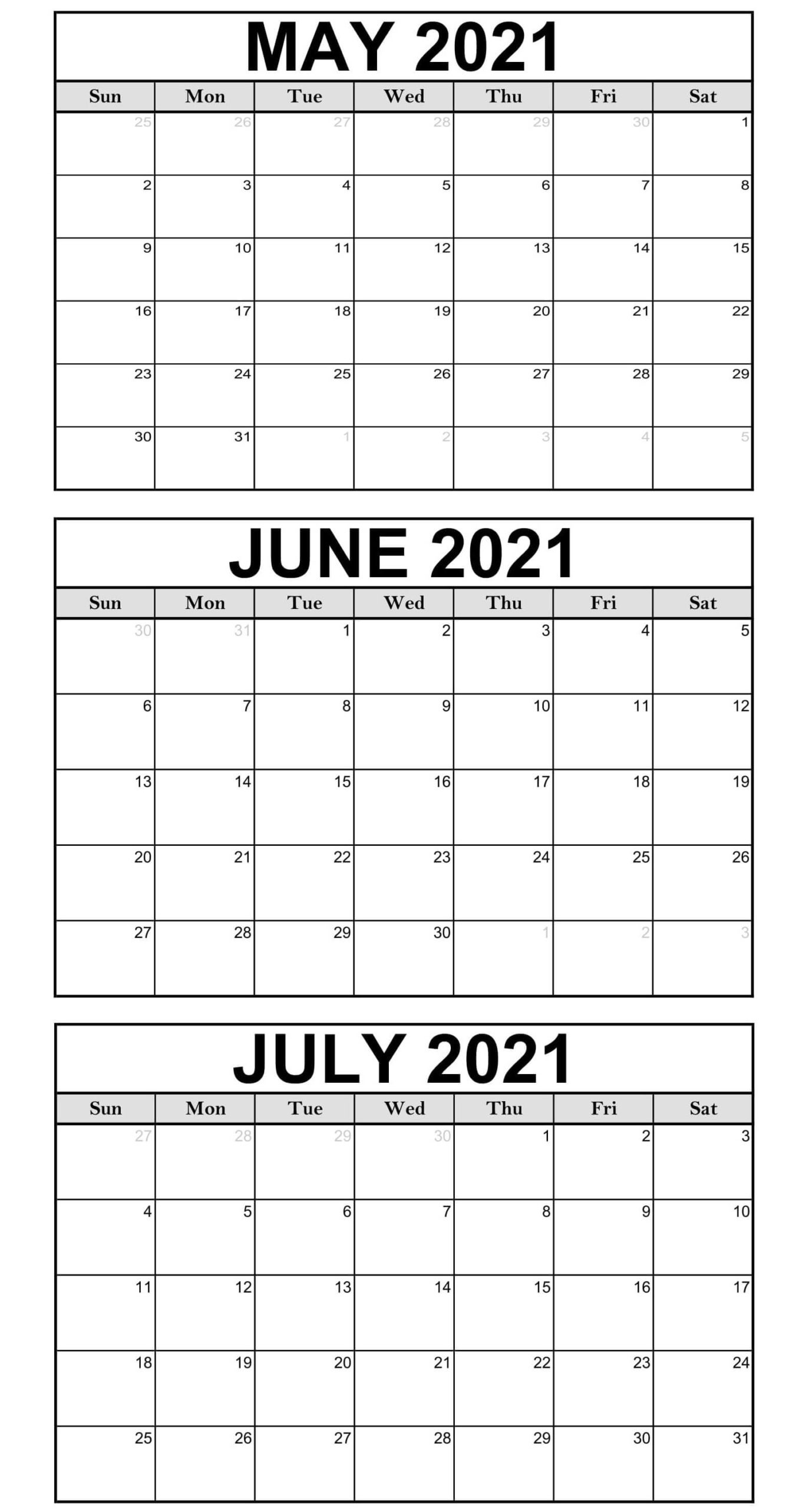 Free May to July 2021 Calendar Template