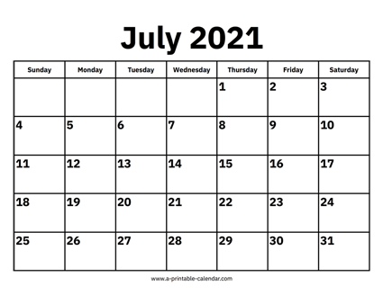 2021 July Calendar Simple