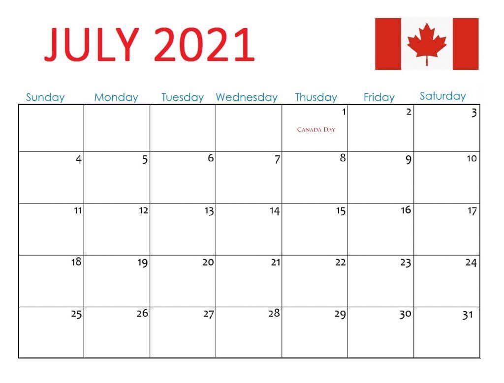 2021 July Calendar Canada