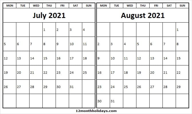 Calendar July August 2021 Editable