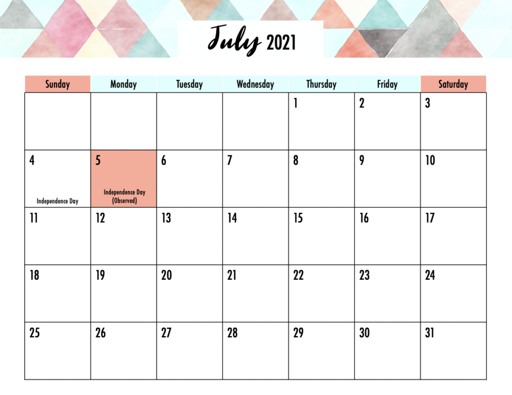 Editable July 2021 Calendar Printable
