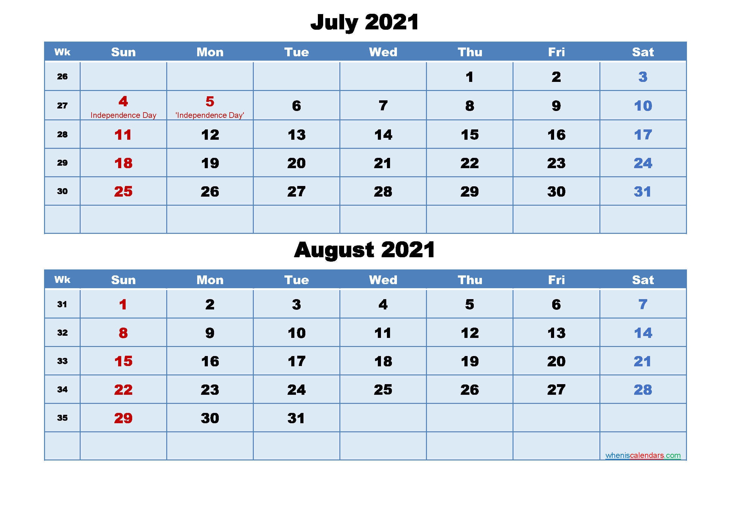 July August 2021 Calendar to Print