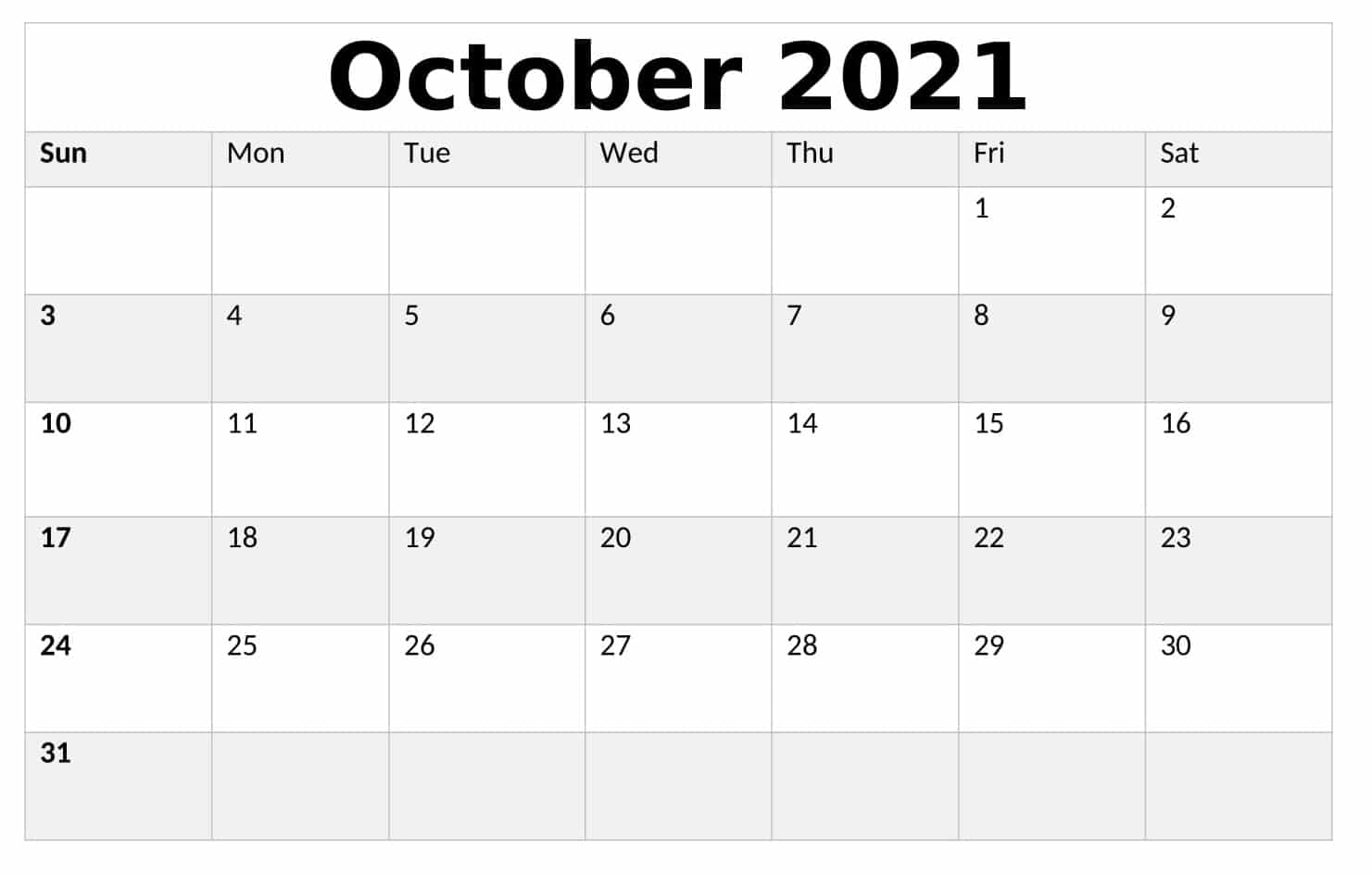 Calendar 2021 October Month