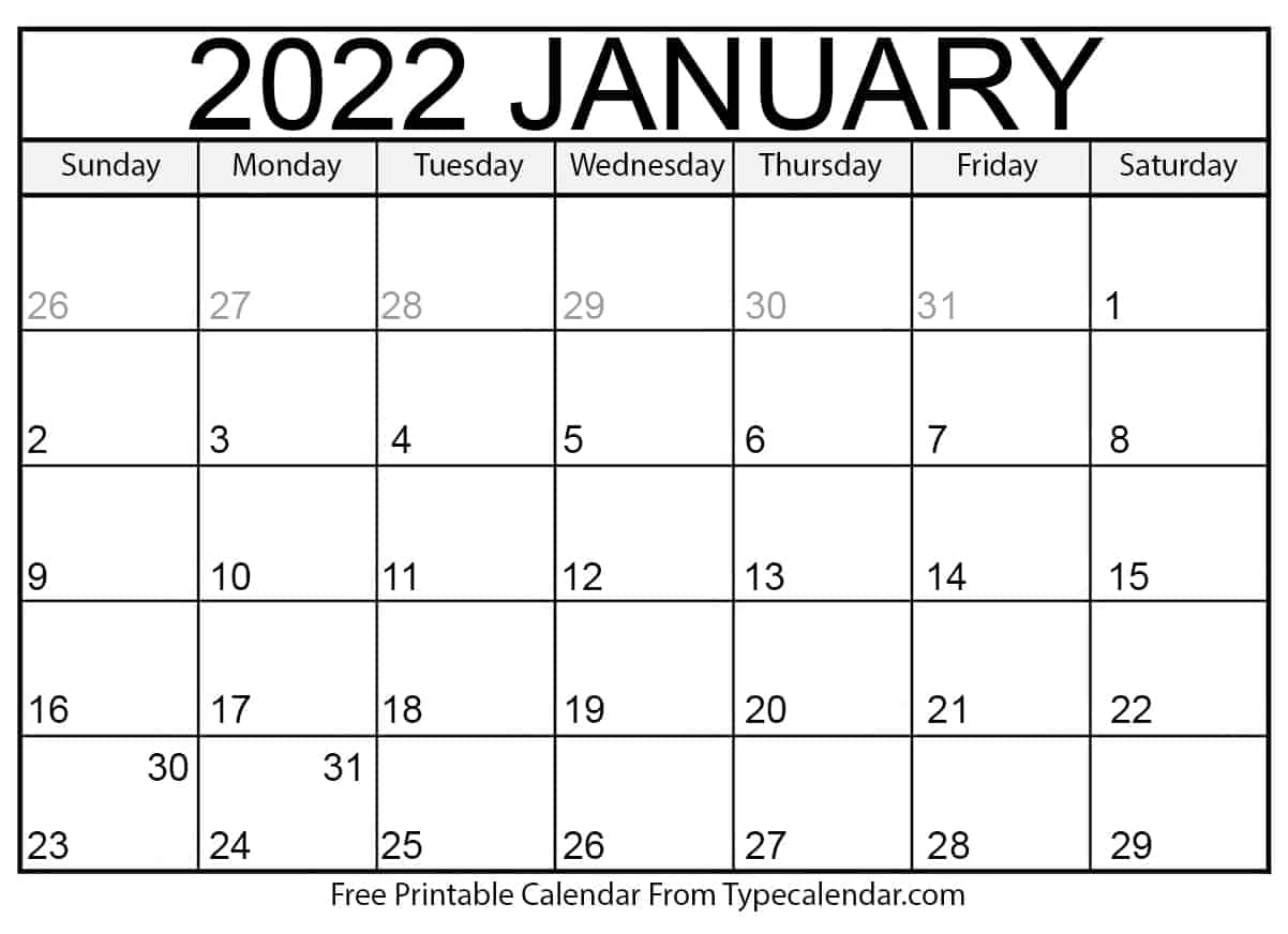 2022 January Calendar Excel