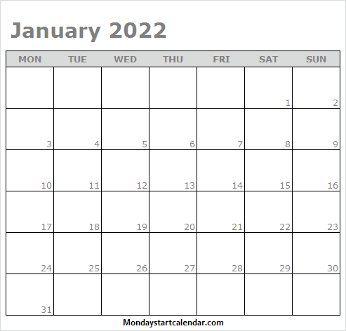 Calendar 2022 January Mon to Fri