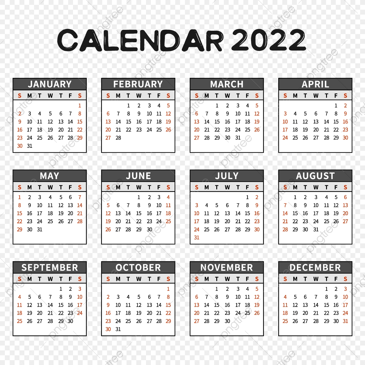 Calendar 2022 Black and White