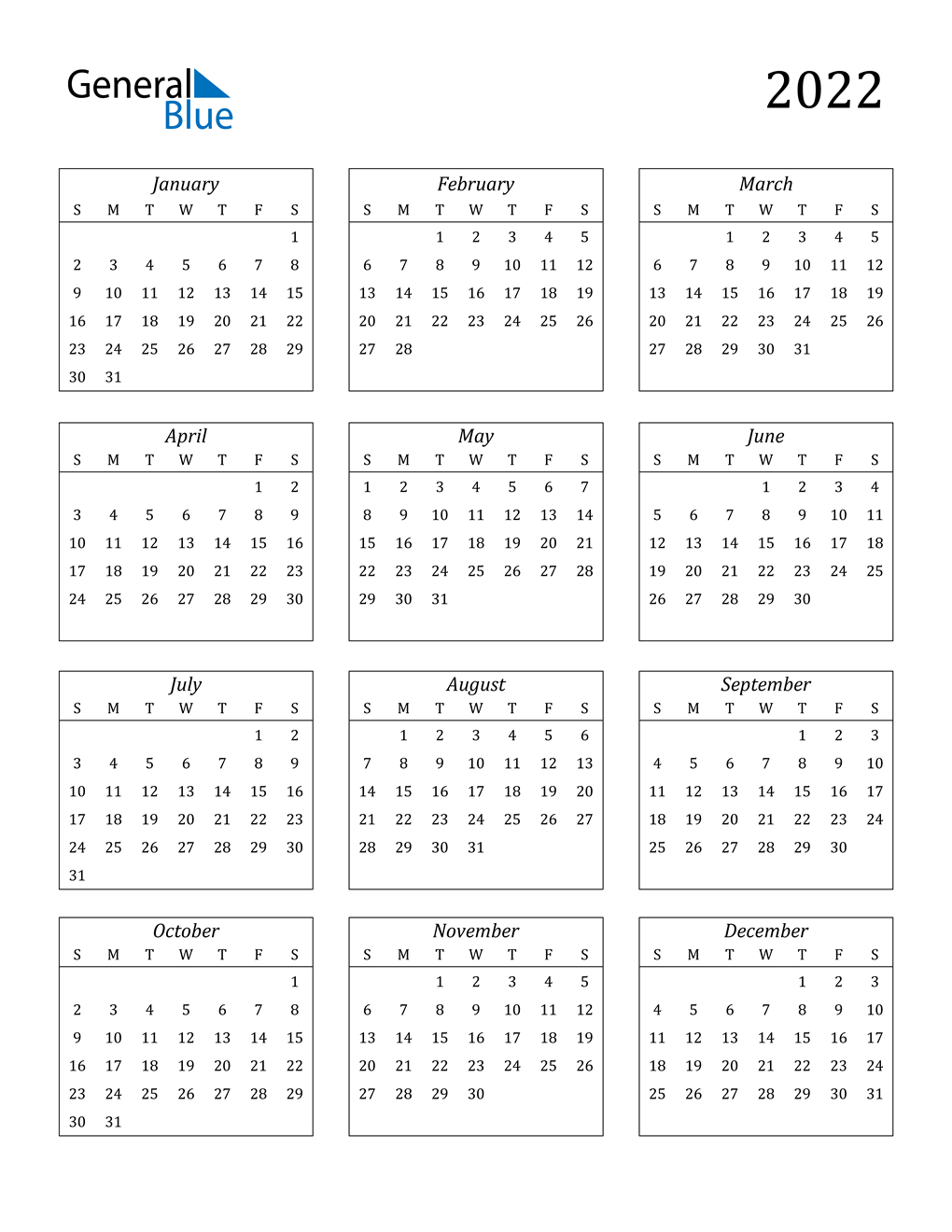 Full Year Free Printable 2022 Calendar