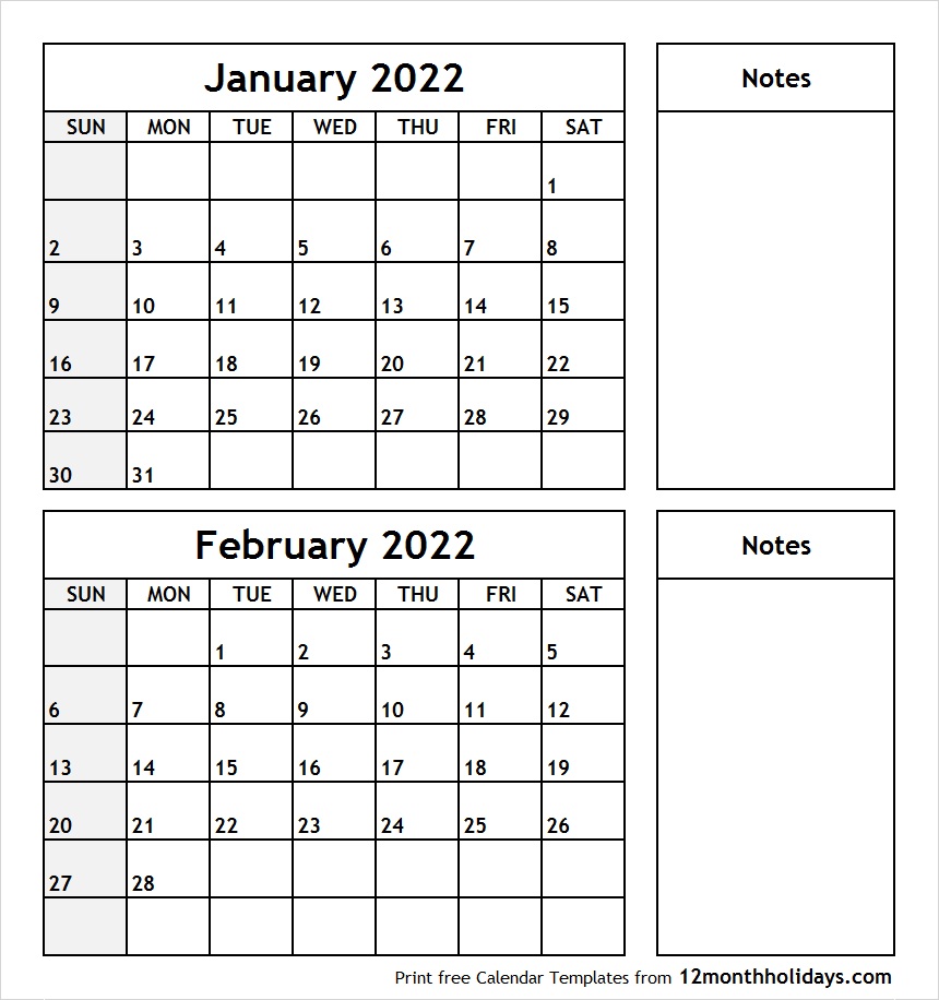 January February 2022 Blank Calendar