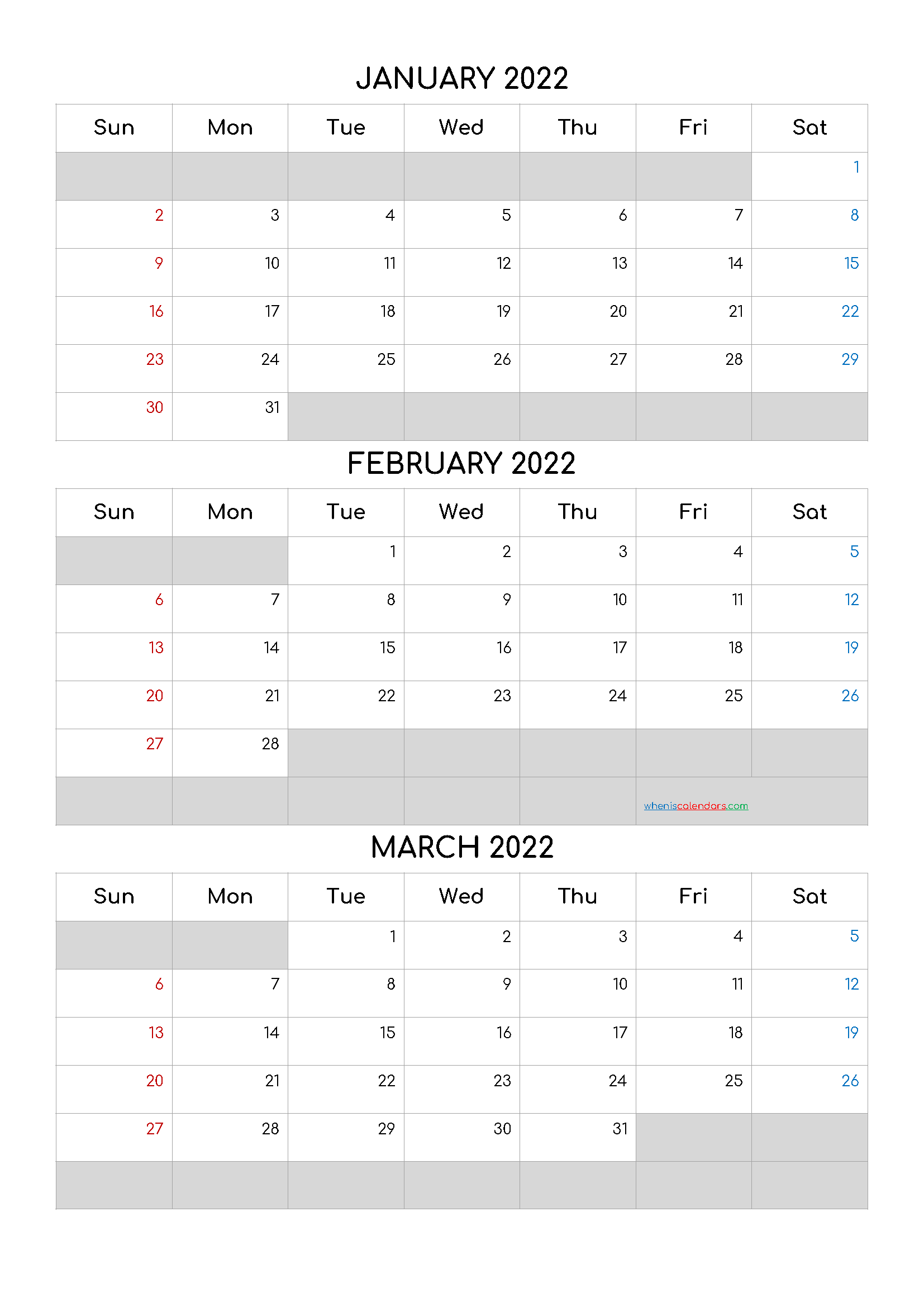 January February 2022 Calendar Blank