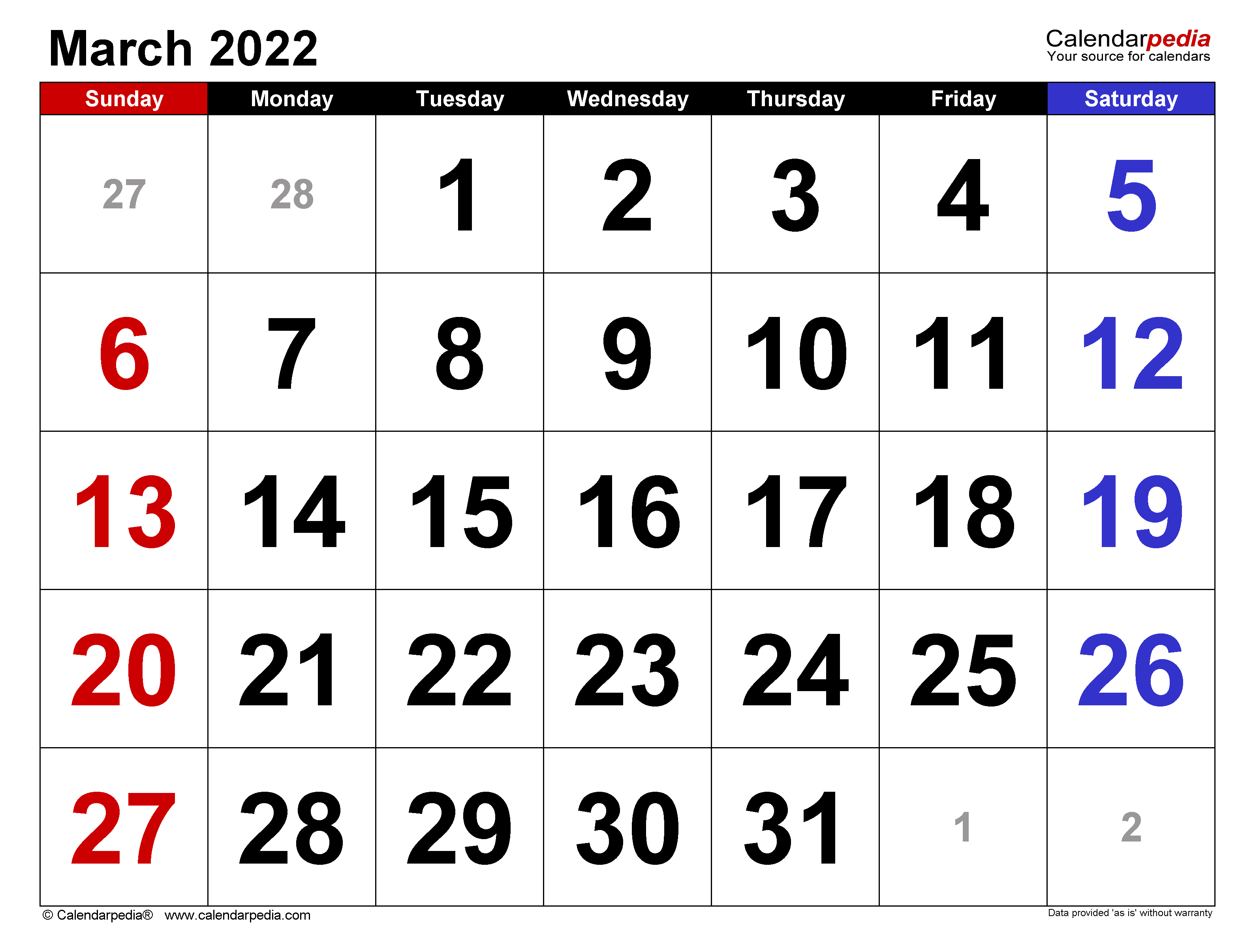 March 2022 Calendar Free Download