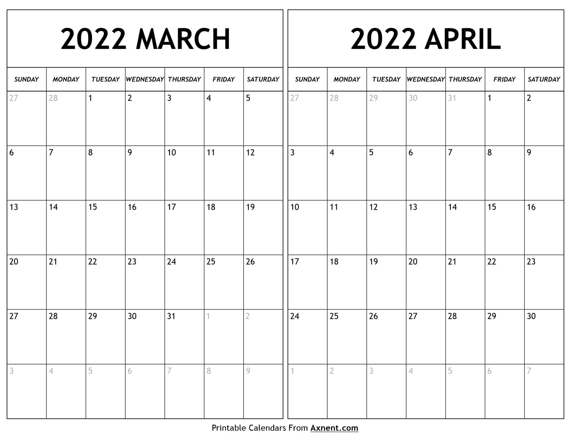 Free Printable March April 2022 Calendar