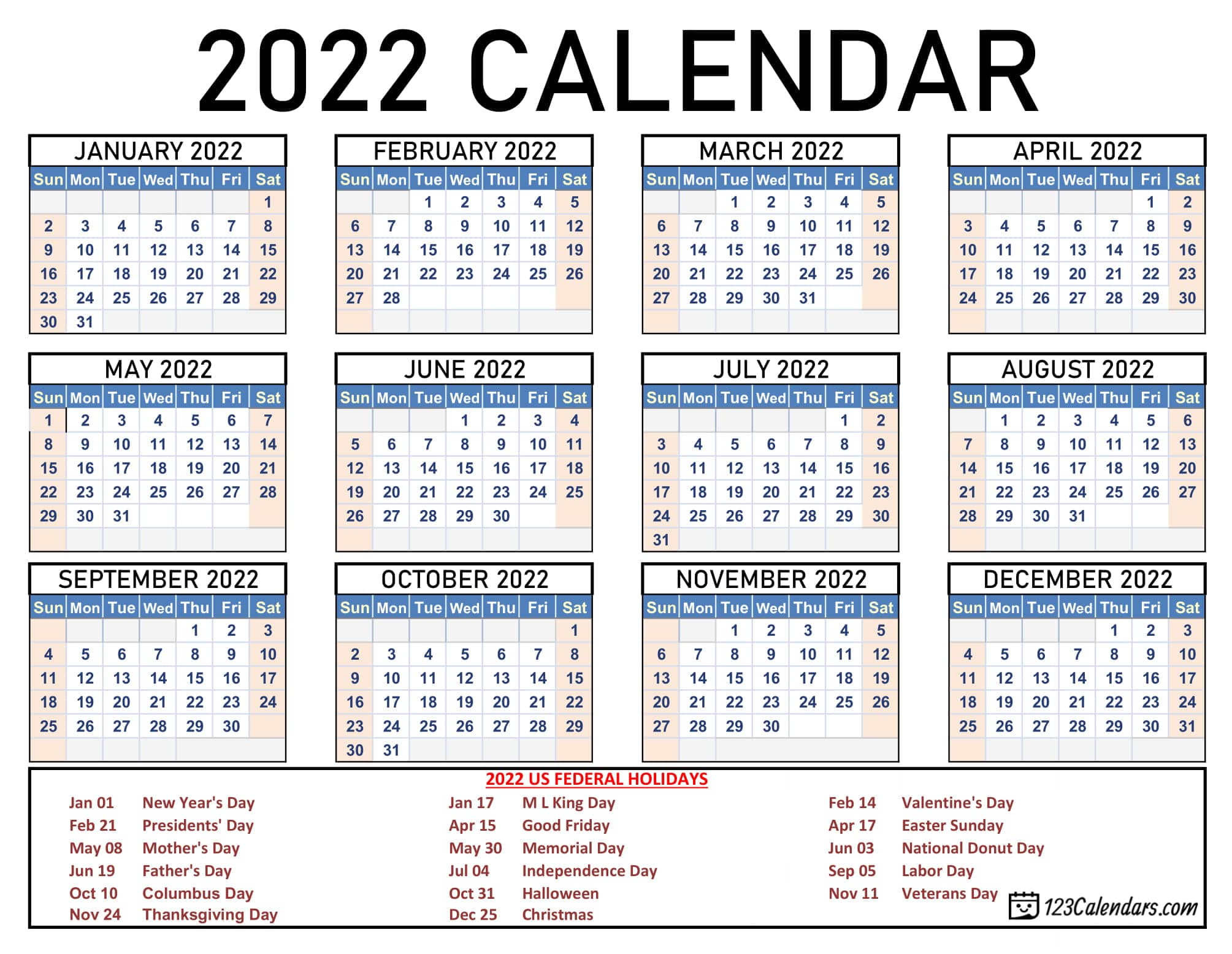2022 Year Calendar With Holidays