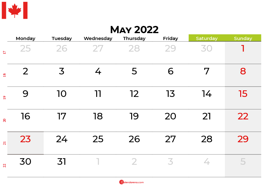 May 2022 Canadian Holidays Calendar