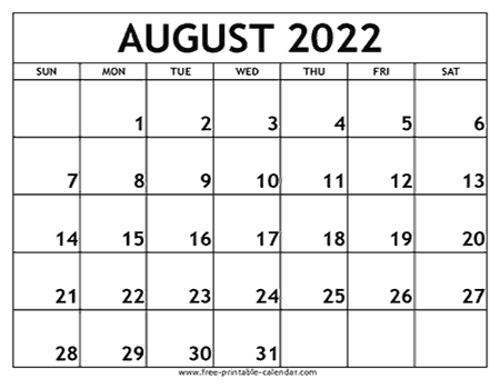 Printable Blank Calendar Aug 2022