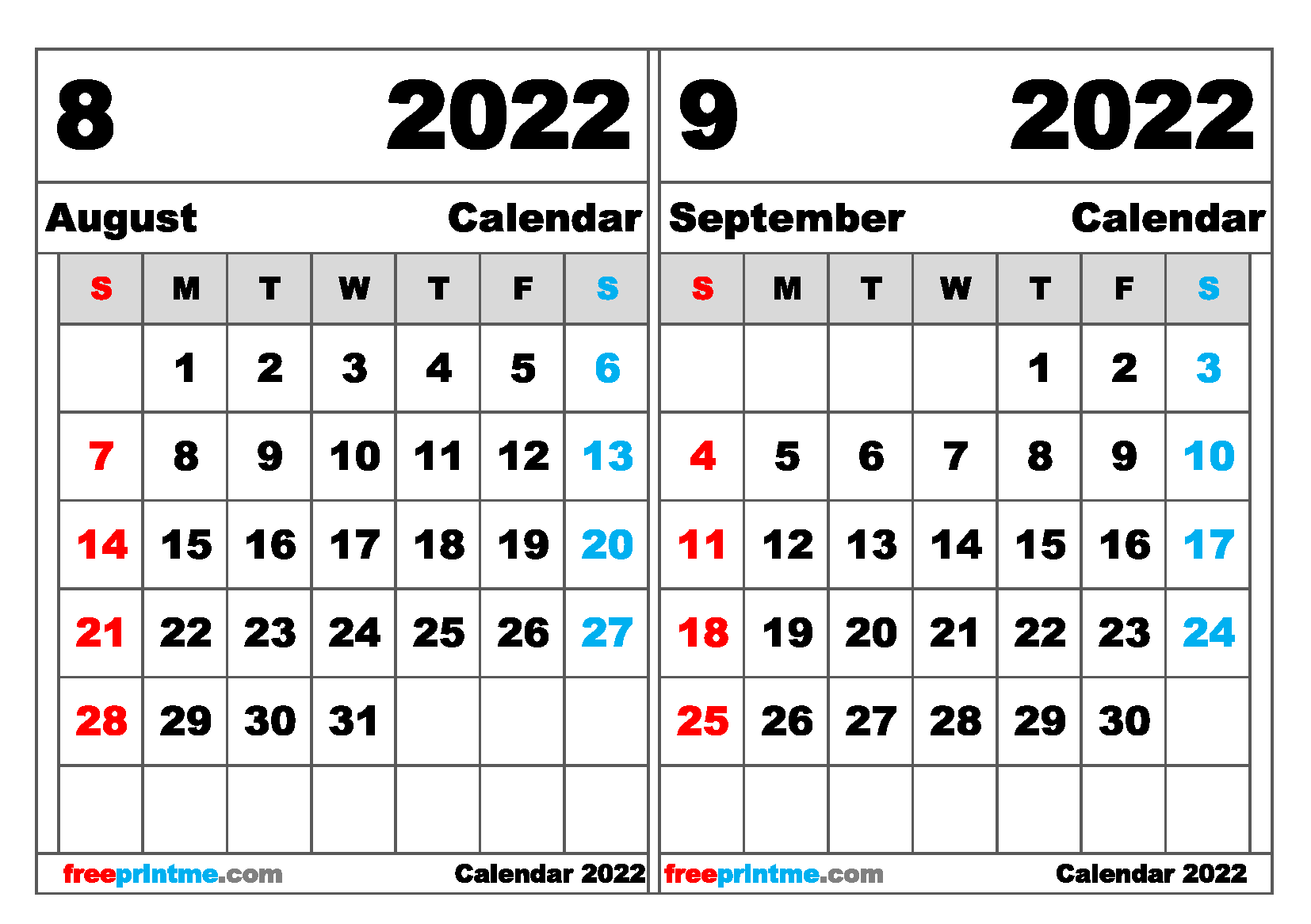 August September 2022 Calendar Print Out