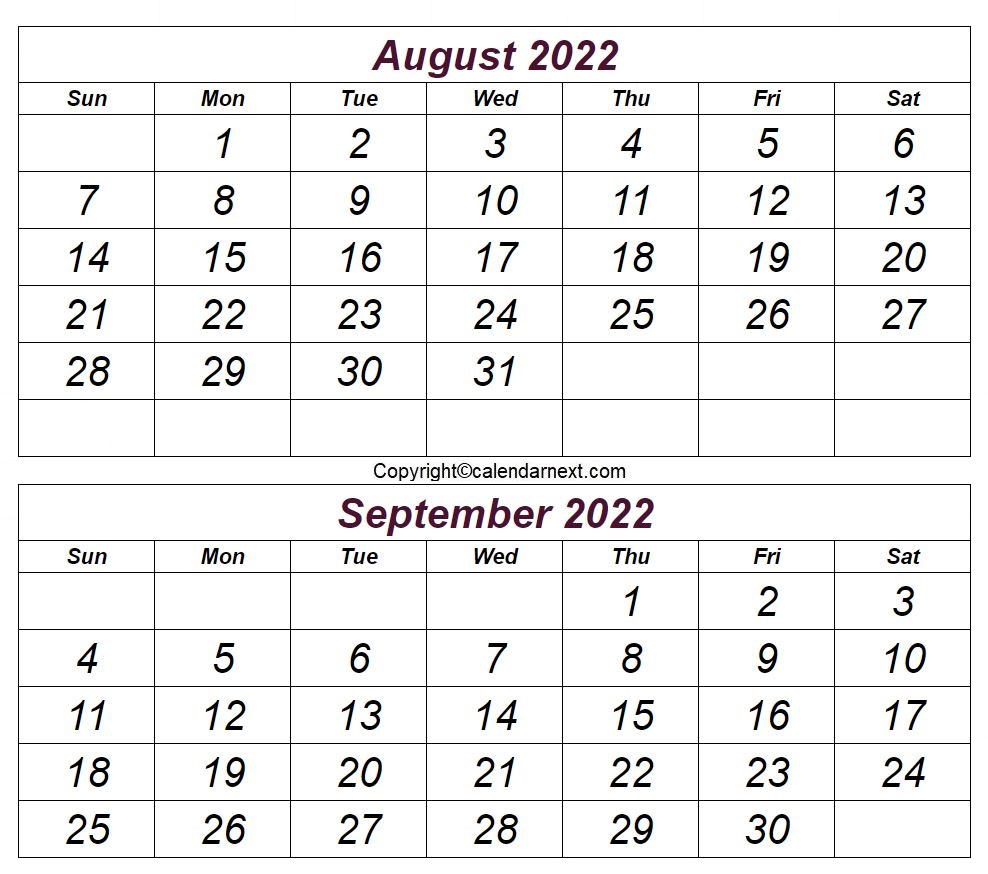 Blank August September 2022 Calendar