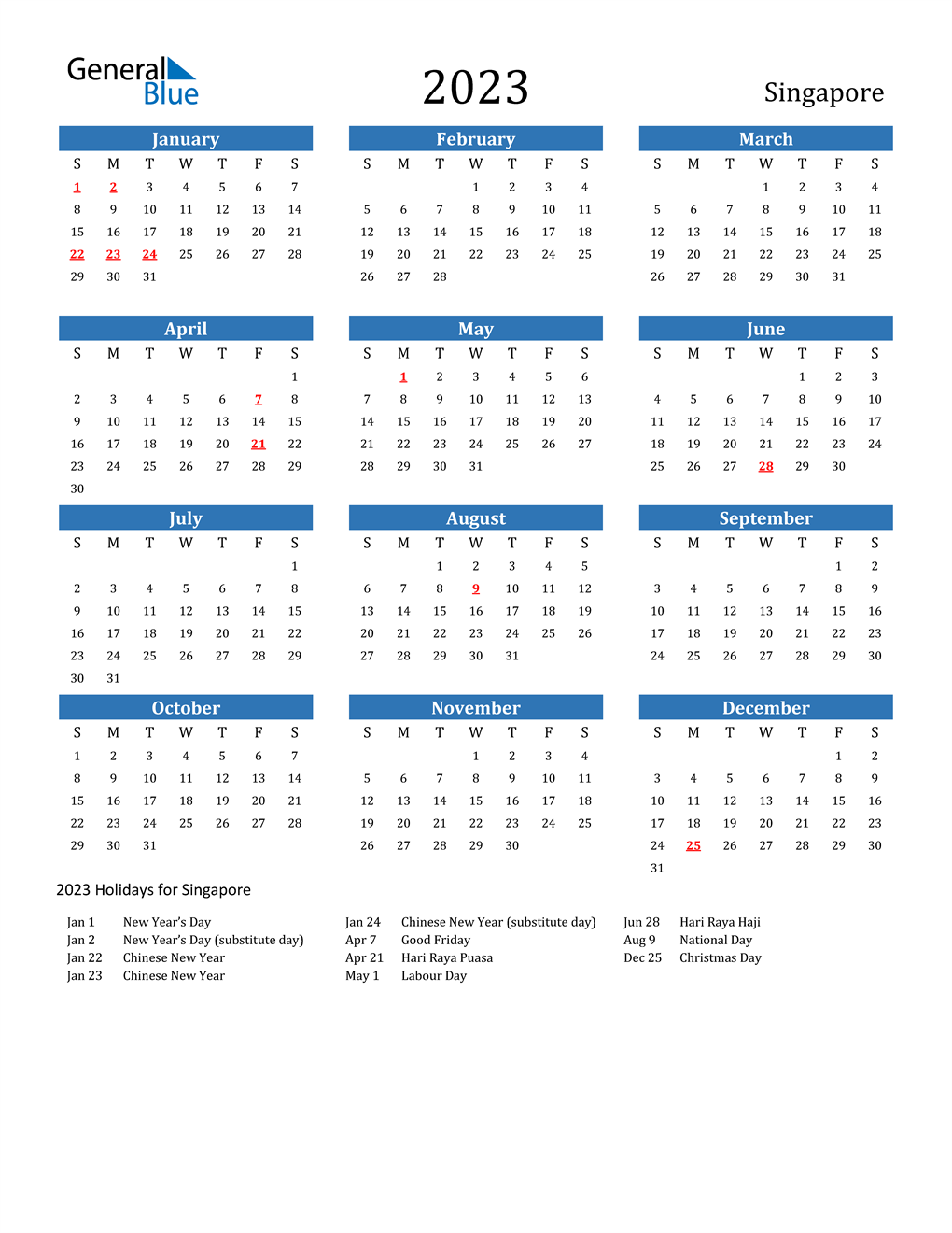 Calendar 2023 Singapore Holidays