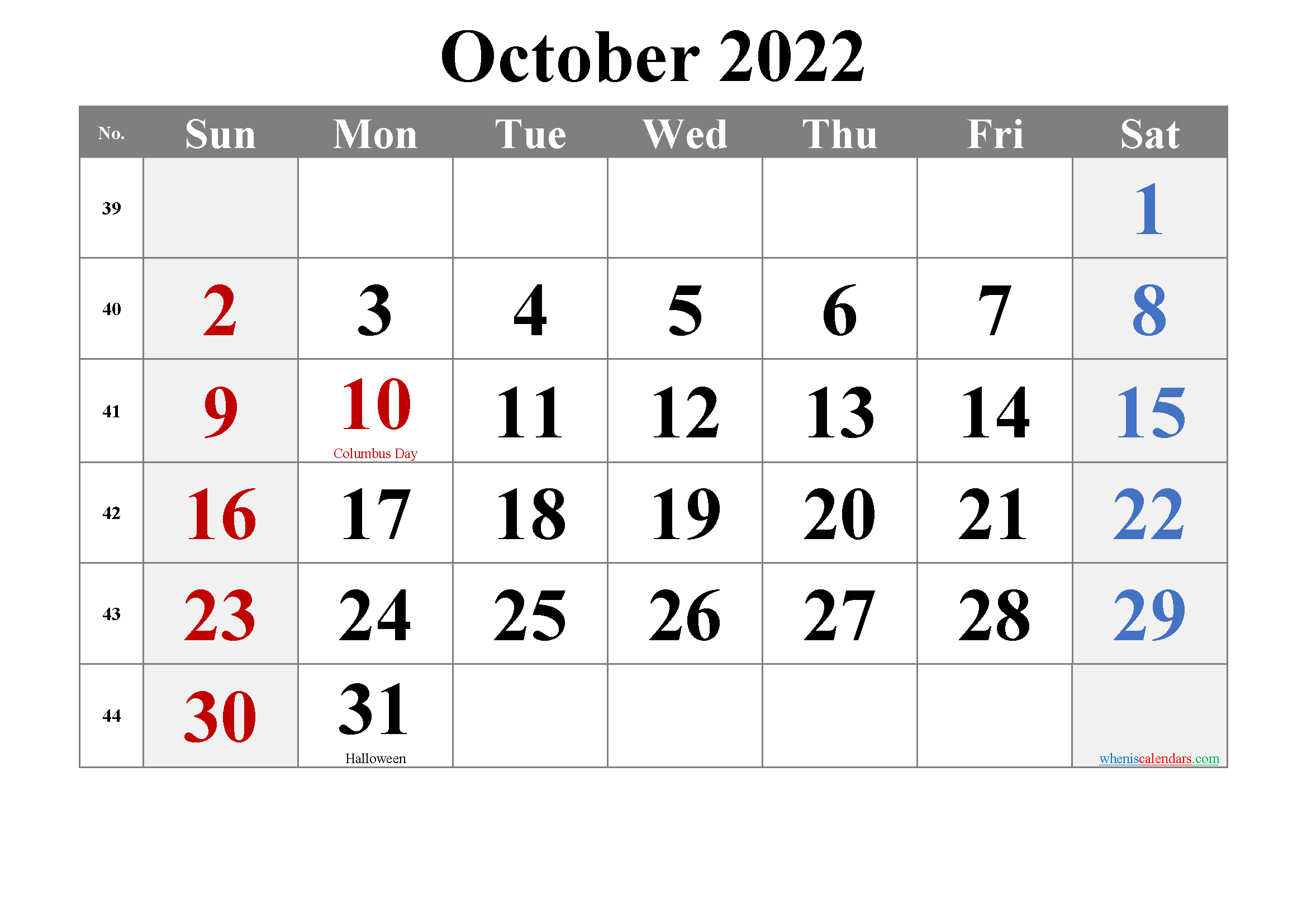 October 2022 Calendar Editable