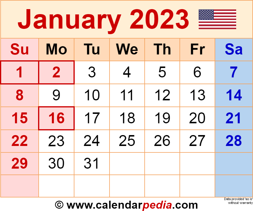 January 2023 Holidays Calendar