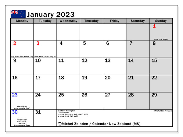 January 2023 Nz Calendar