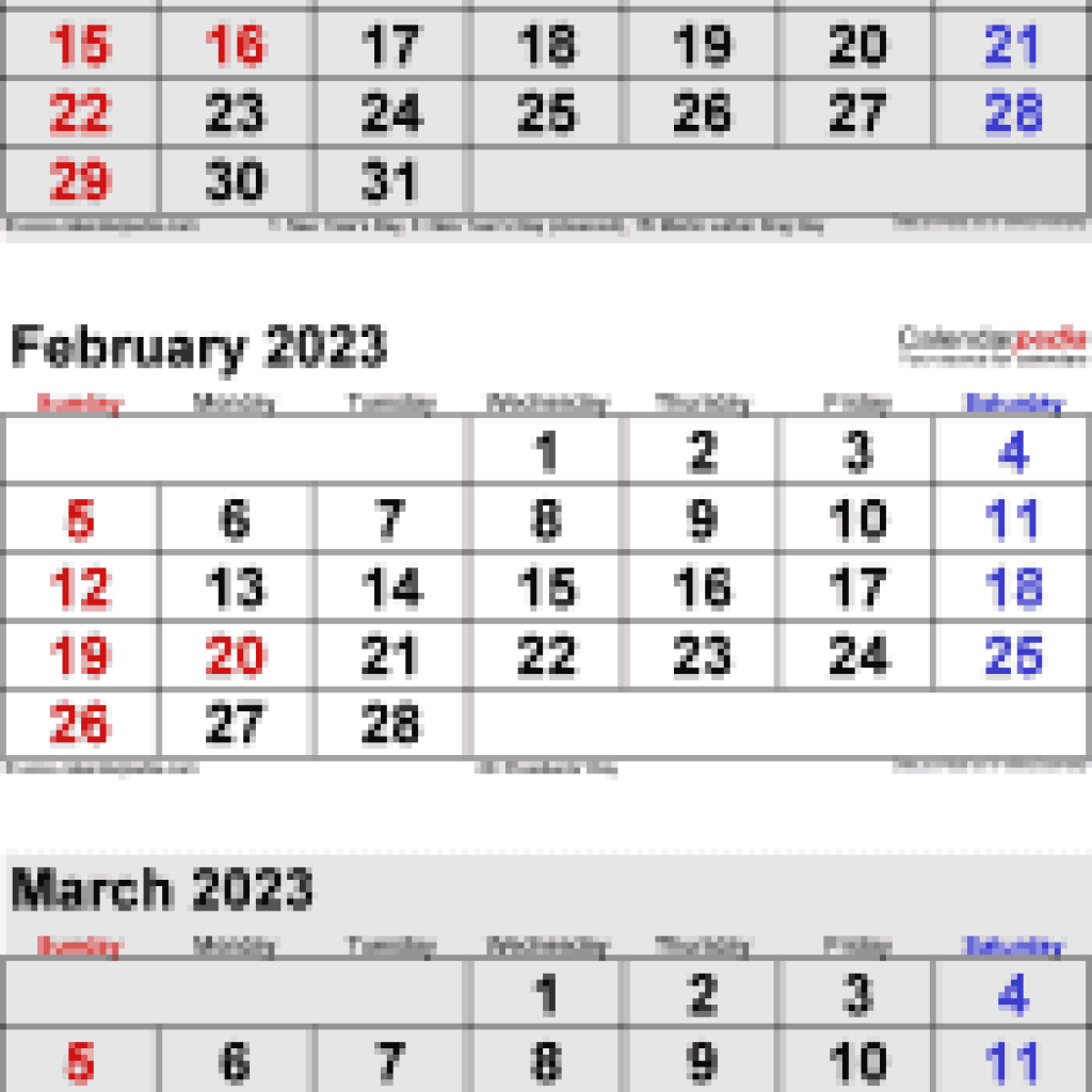 January to March 2023 Printable Calendar