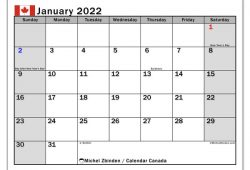 2022 January Calendar with Canada