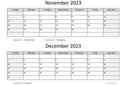 2023 November December Calendar Free