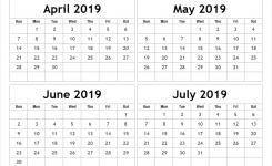 April July 2019 Blank Calendar Apr To Jul 2019 Sunday Start