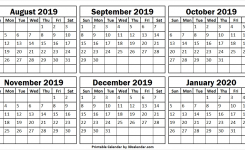 August To January 2020 Printable Calendar Cute Calendar