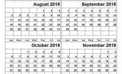 August To November 2019 Four Month Calendar White Calendar 2019