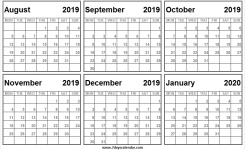 Half Year August 2019 January 2020 Calendar Six Months Calendar
