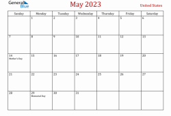 May Calendar 2023 Print USA