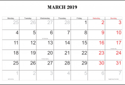 March Calendar 2019 With Holidays