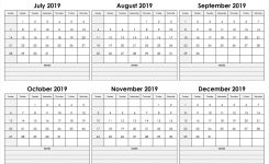 Monthly Calendar Jul Aug Sep Oct Nov Dec 2019 Template 6 Month