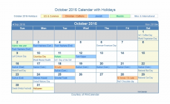 October 2016 Printable Calendar With Us Holidays Including