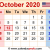 October Month Calendar 2020