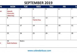 September  2019 Holidays Calendar