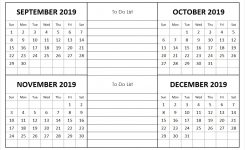 September To December 2019 Calendar 4 Months Printable Template