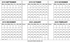 Six Month September 2019 February 2020 Calendar Free Download